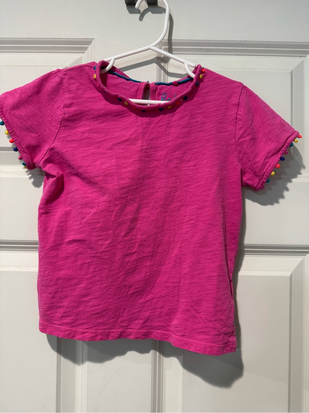 Boden Hot Pink Short-Sleeve Tee with Multicolor Pom Pom Trim